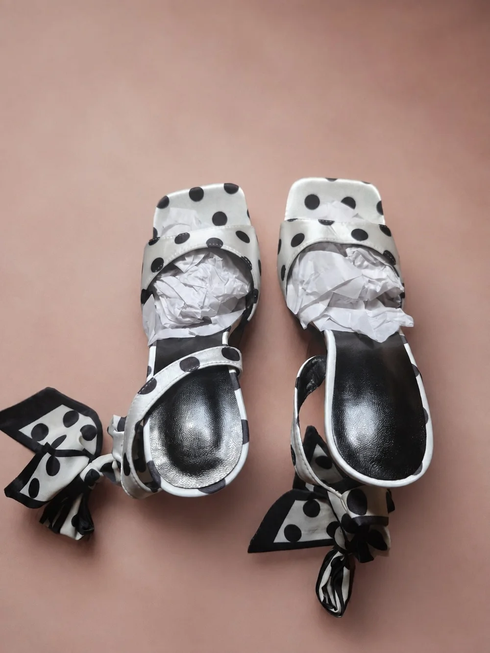 Polka Dot Ankle-Tie Espadrille Wedges - White/Black